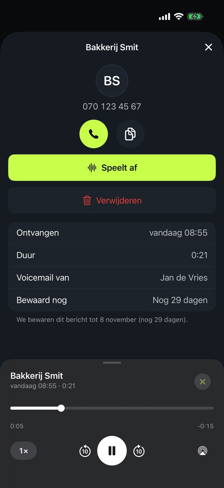 Besked på telefonsvareren i FSVoip-appen